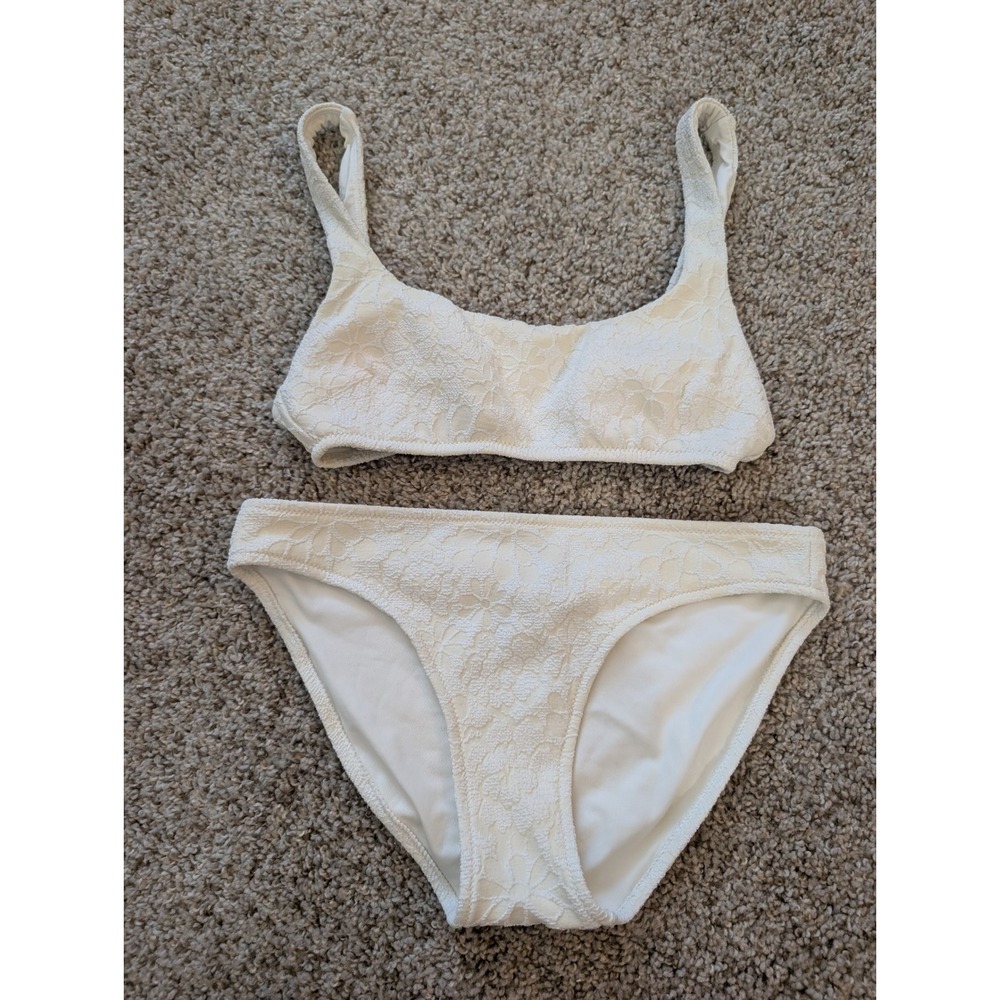 Aerie Cream Floral Lace Bikini Set Scoop Neck Top XS & Bikini Bottoms Small